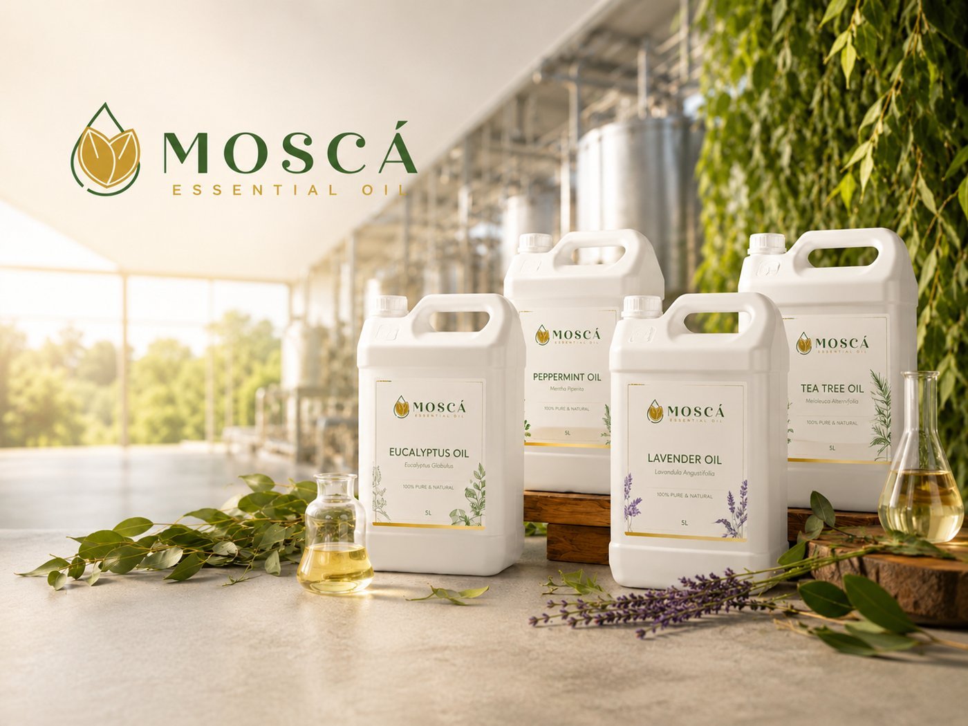 MOSCÁ essential oils in 5L jerry cans at our Bali distillery