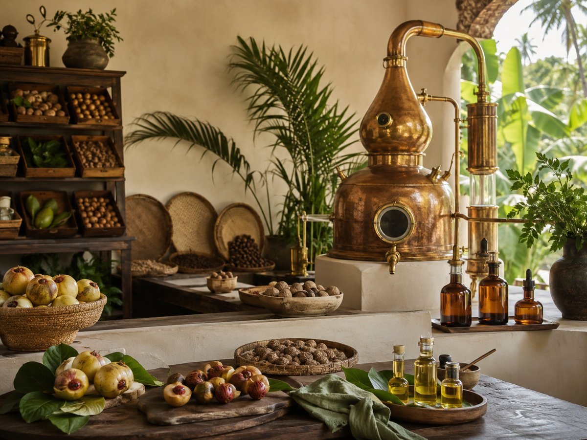 Nutmeg fruit, seeds and oils beside our copper still at the Bali distillery